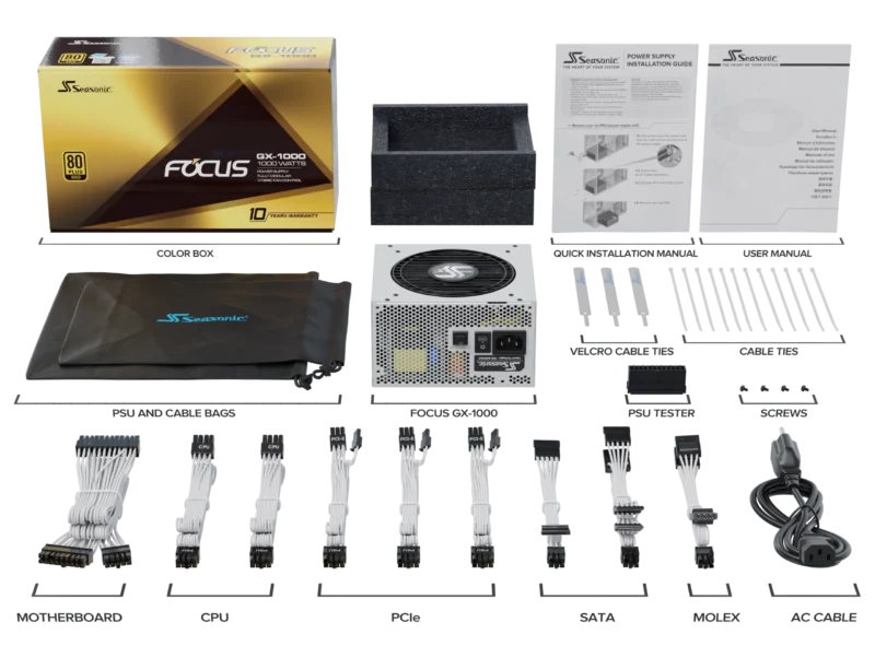 ALIMENTATORE SEASONIC FOCUS+ 1000W GX-1000 80+ GOLD WHITE - immagine 2